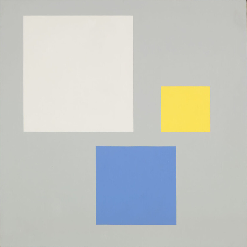 Three colored squares—a large white, a medium blue, and a small yellow—are arranged on gray.