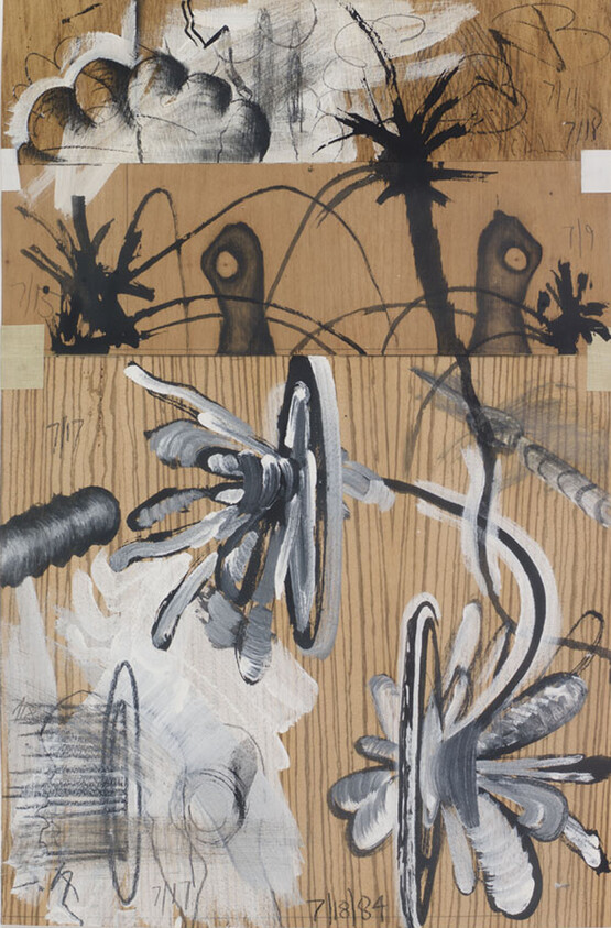 Abstract composition of black and white brush strokes featuring organic, flower-like forms on a wood panel.