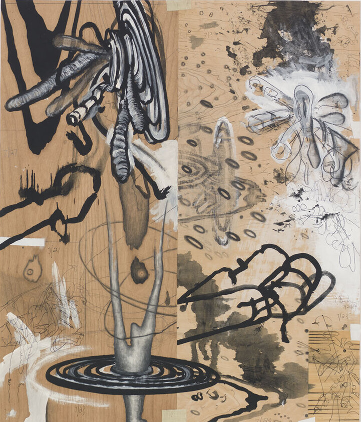 Abstract mixed-media painting with swirling black-and-white organic forms and concentric ripple patterns.