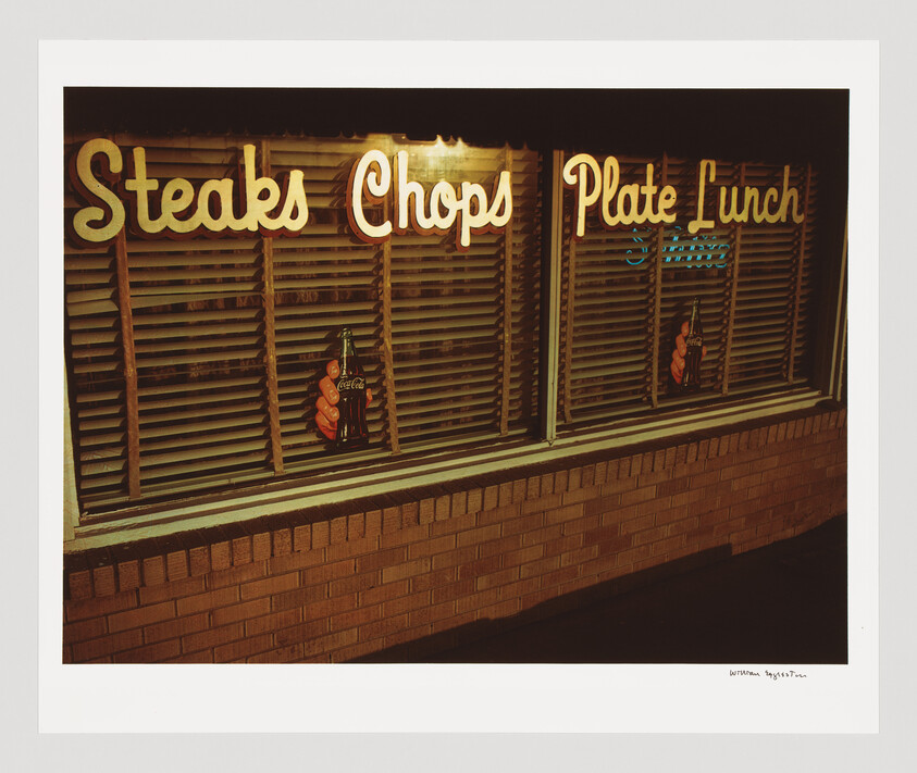 Diner window lit at night with neon signs reading "Steaks, Chops, Plate Lunch" and Coca-Cola bottles.