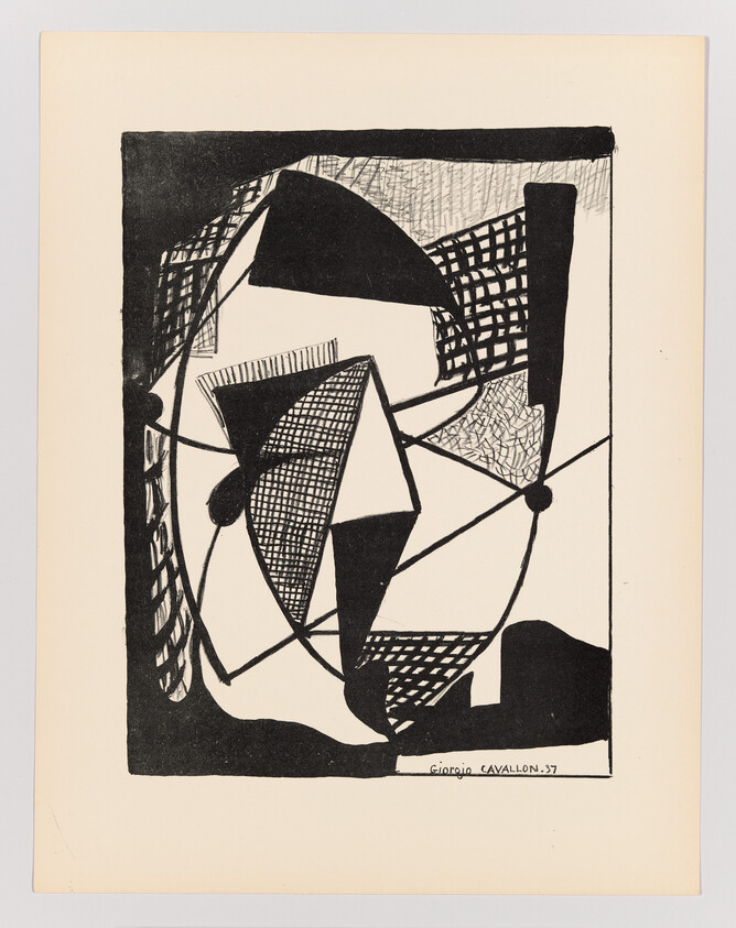 Abstract black-and-white composition of intersecting geometric shapes, lines, and textured patterns.