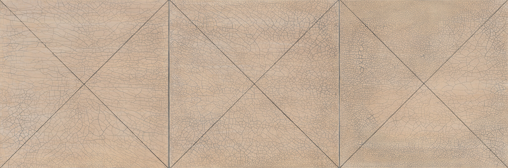 A wide, high-resolution image displaying a textured surface with a pattern resembling cracked earth or dry clay. The texture is divided into geometric shapes by thin, dark lines that form a series of triangles across the image. The color palette consists of warm beige and light brown tones, giving the impression of a natural, arid landscape.