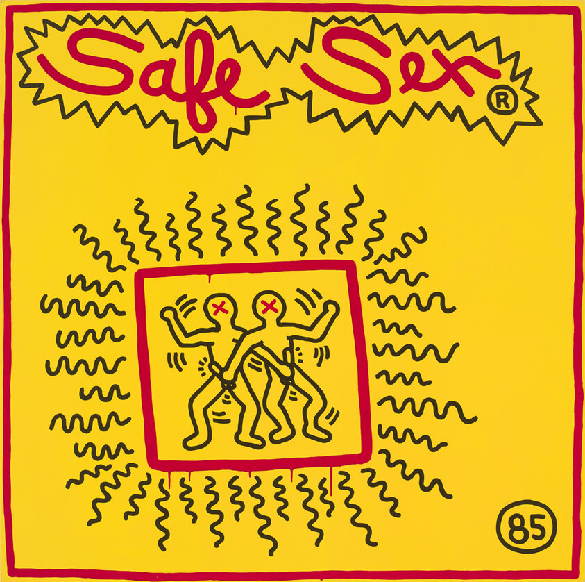 Two abstract figures with linked arms, surrounded by wavy lines. Text reads "Safe Sex."