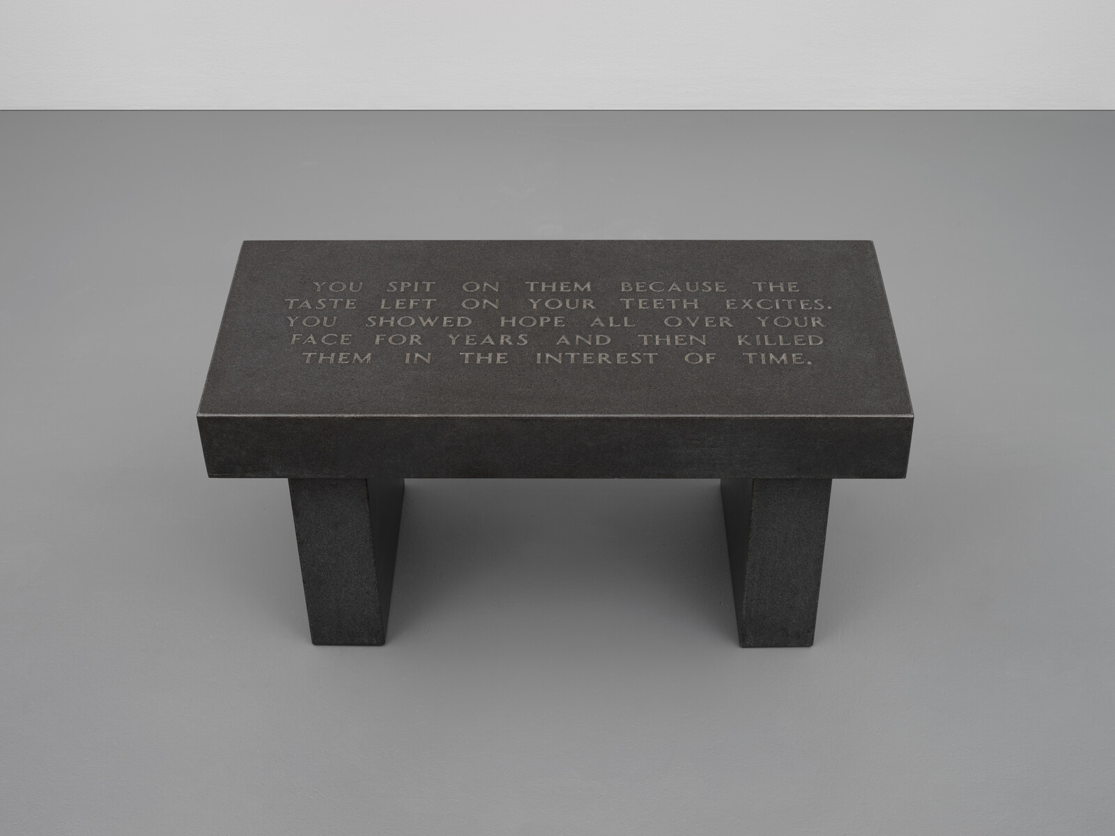 A dark stone bench with engraved text describing spitting, hope, and killing in the interest of time.