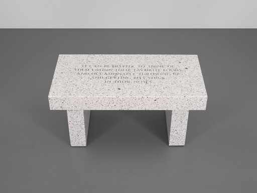A speckled stone bench with carved text on the top standing on a gray floor.