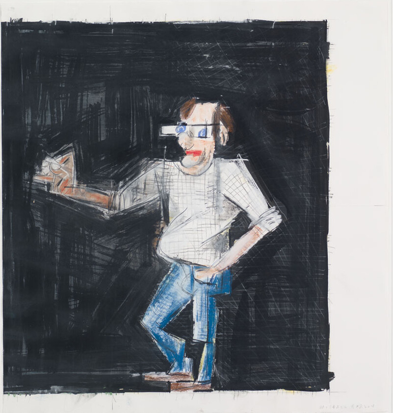 A cartoonish man with glasses and one hand on his hip, the other extended.