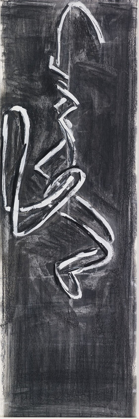 A white-outlined abstract figure appears to climb or hang against a tall dark background.