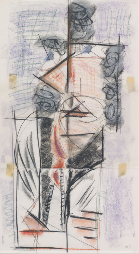 Abstract charcoal and pastel portrait with geometric lines, soft purple shading, and taped paper edges.