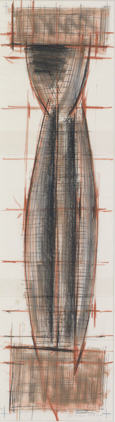 Tall vertical charcoal and red sketch resembling an elongated hourglass with grid-like construction lines.