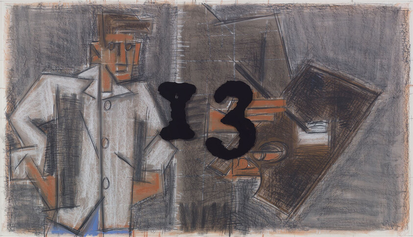 Man in a coat stands with hands on hips beside a large black number 13 and an open briefcase.