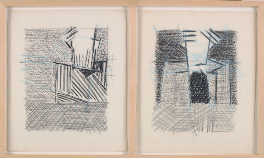 Two framed abstract charcoal and blue pastel sketches with geometric crosshatch patterns displayed side by side.