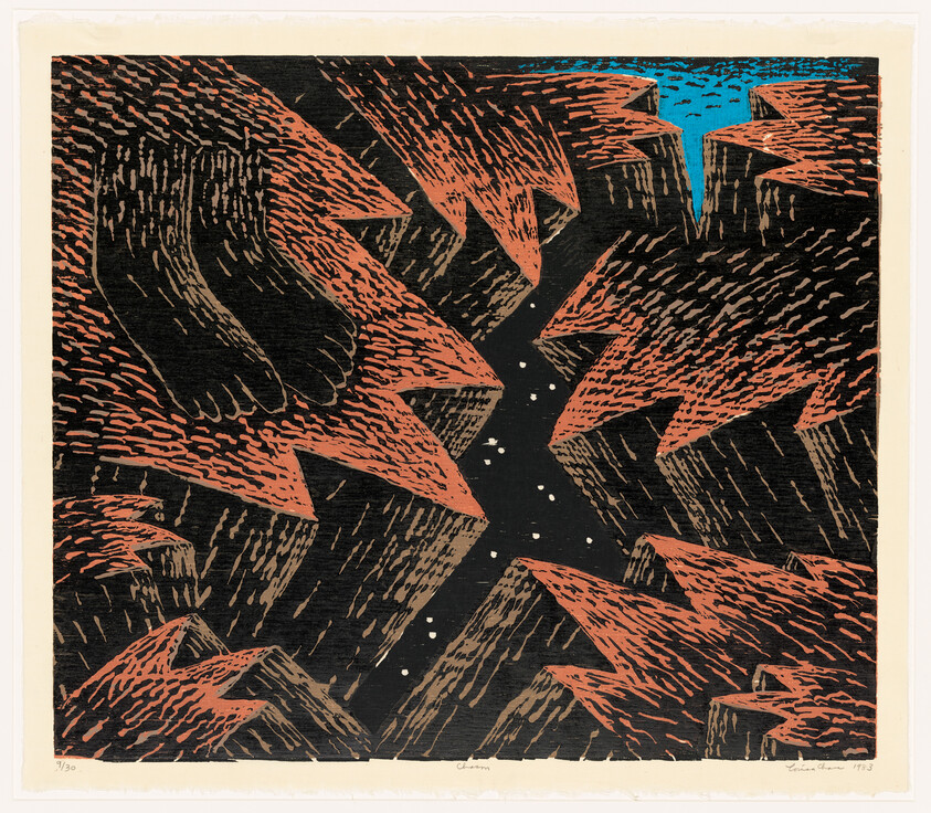 A stylized woodcut shows jagged orange rock cliffs forming a deep black chasm dotted with stars.