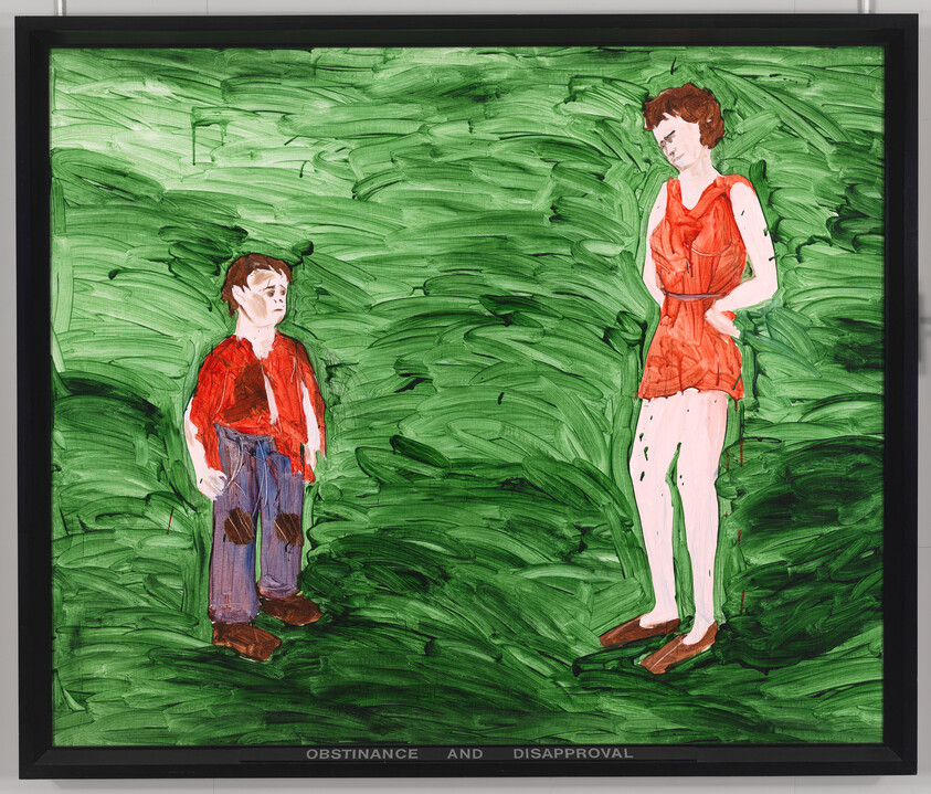 A small boy and a standing woman face each other on a green background titled "Obstinance and disapproval."