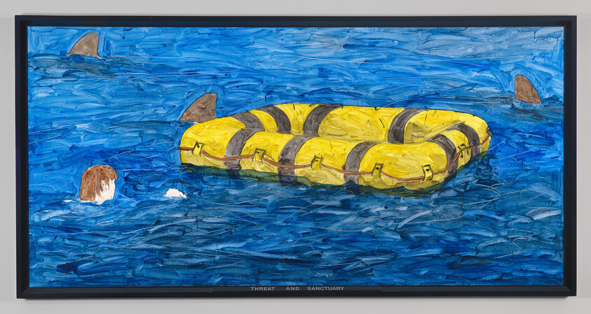A lone swimmer approaches a yellow life raft surrounded by shark fins.