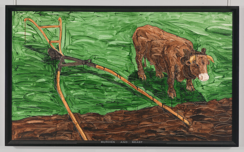 A brown cow stands beside an old wooden plow over a green field painted canvas.