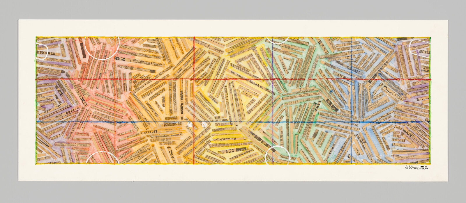 Abstract rectangular collage of newspaper clippings arranged in colorful pentagon patterns with grid lines.