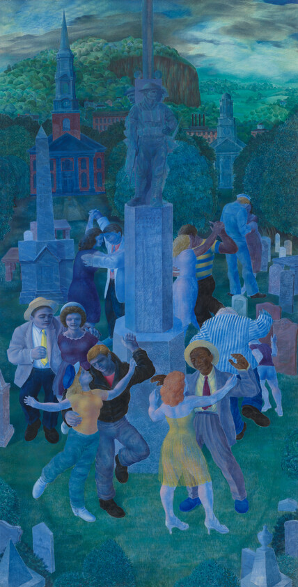 People joyfully dance around a central soldier statue in a cemetery at twilight.