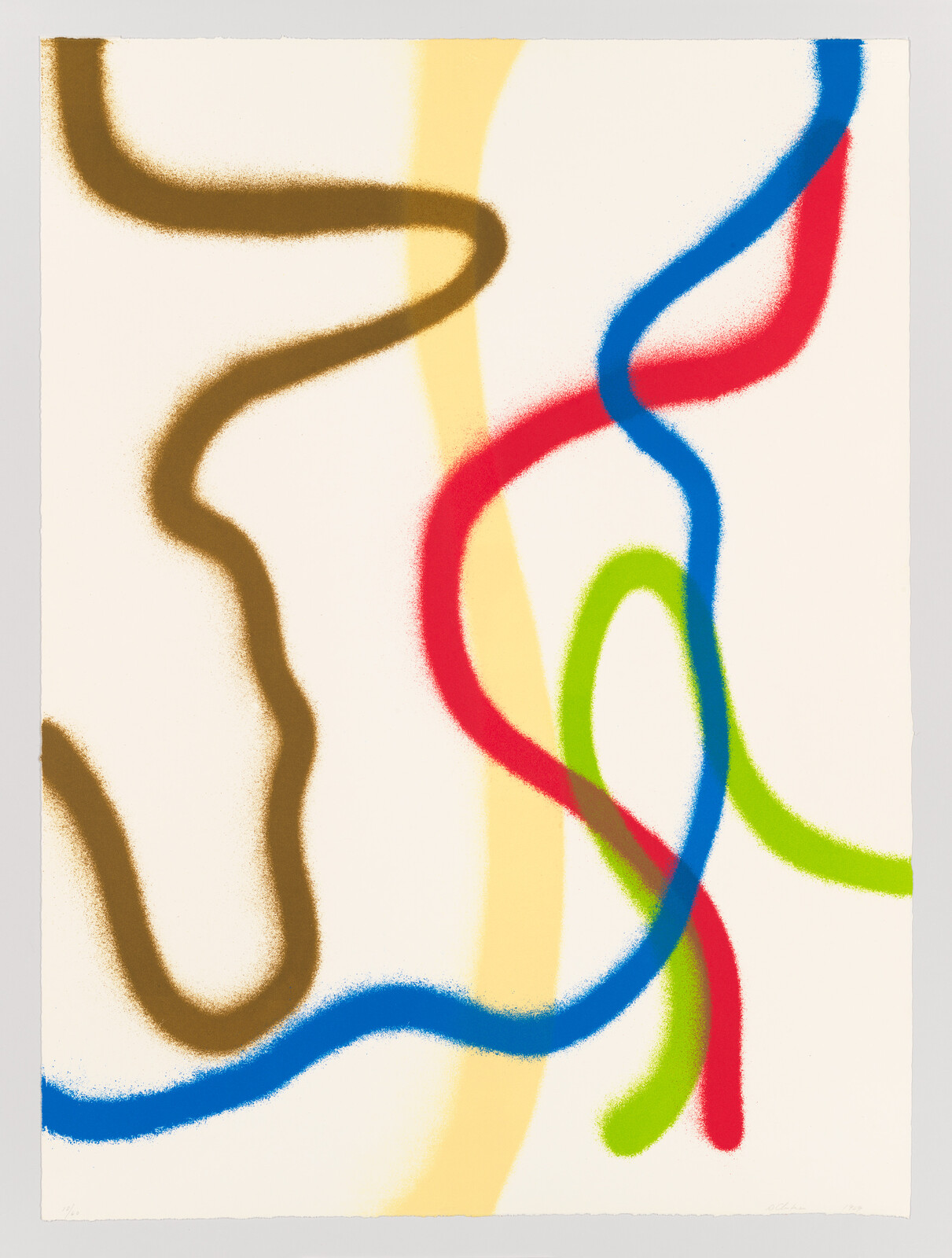 Several thick, colorful squiggly lines cross a cream background, creating an abstract composition.