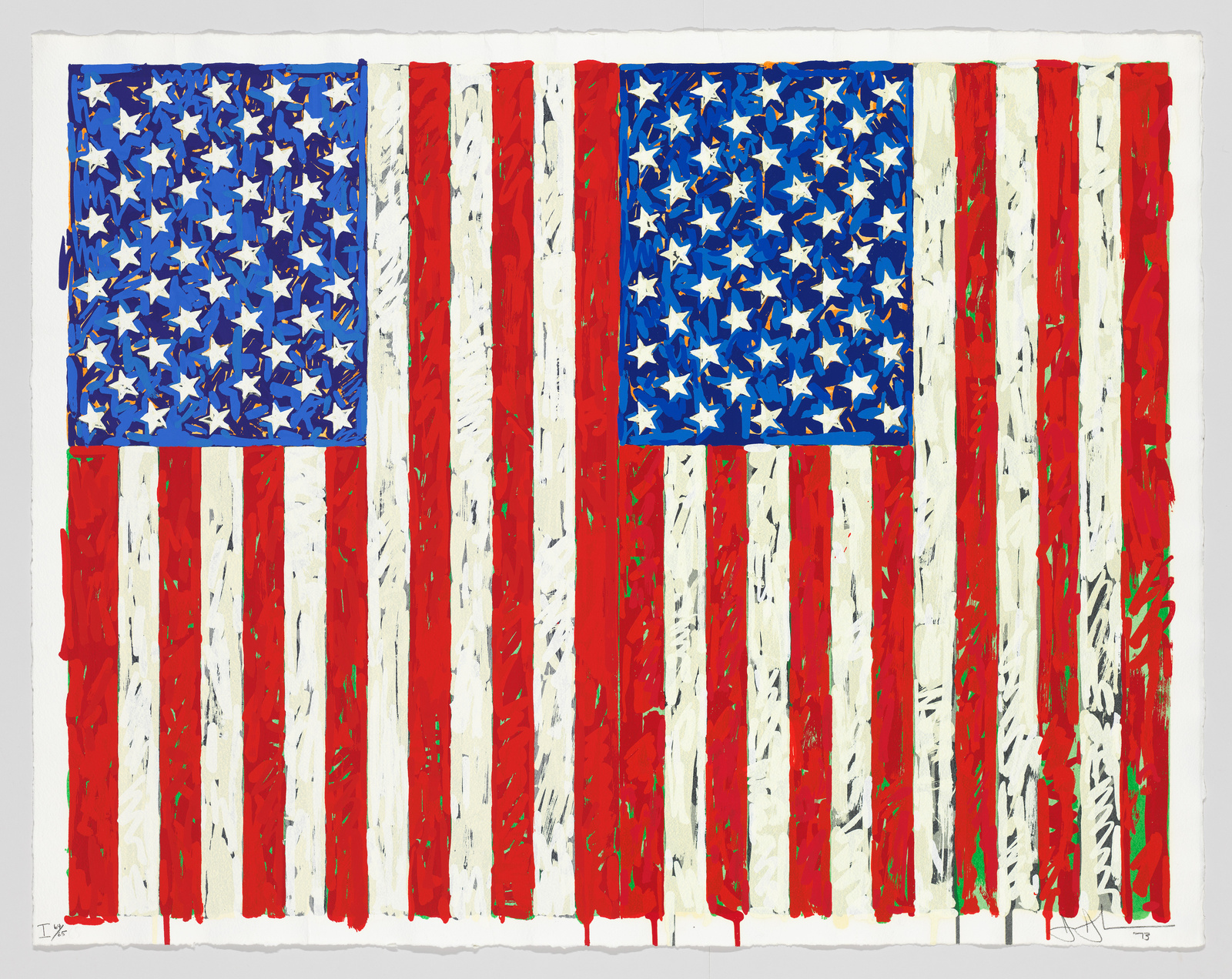 A vibrant painting depicting two American flags side by side with a heavily textured and abstract style. The flags are composed of bold red and white stripes with blue fields filled with white stars. The paint appears thickly applied, with visible brush strokes and drips running down the canvas.