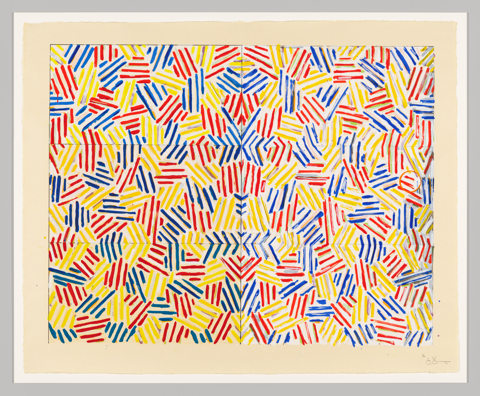 Dense grid of red, yellow, and blue brush strokes forming a repeating geometric pattern on cream paper.