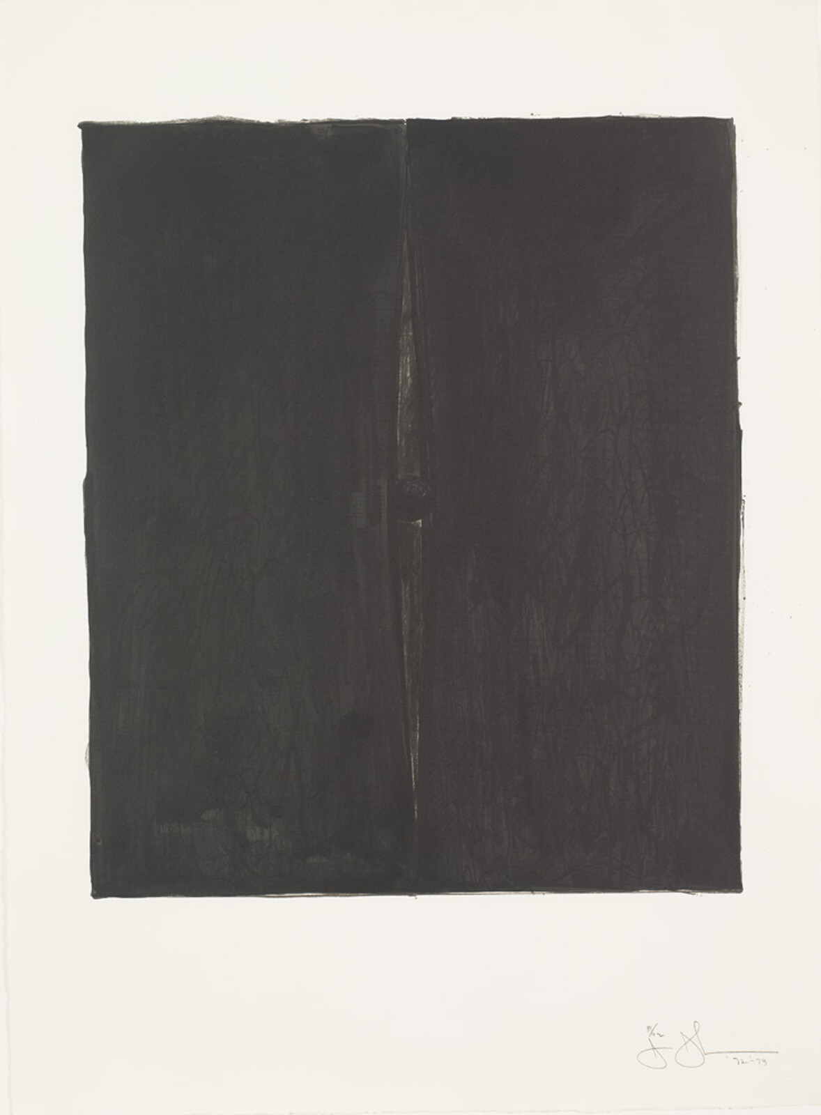 Large black rectangular painting with a thin vertical seam down the center on a white background.
