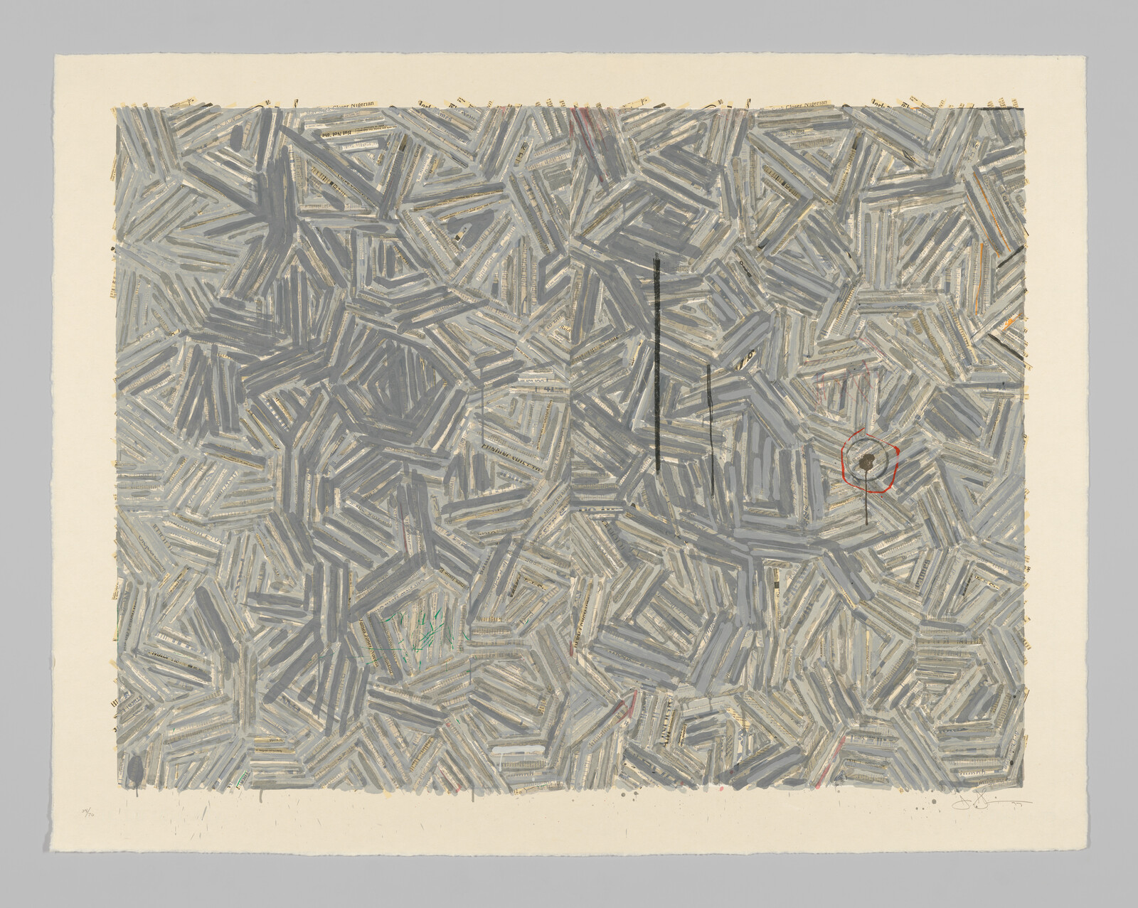 Abstract artwork with overlapping gray brushstrokes and a small red circle near the right side.