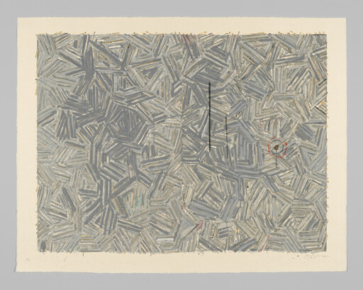 Dense gray geometric brushstroke pattern fills the page with a small red-circled spot and vertical lines.