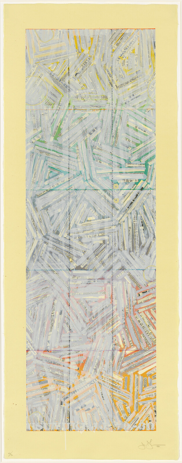 Abstract rectangular collage of overlapping pastel brushstrokes and printed text within a yellow border.