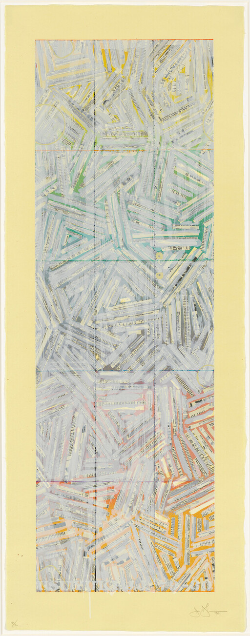 Abstract rectangular collage of overlapping pastel brushstrokes and printed text within a yellow border.