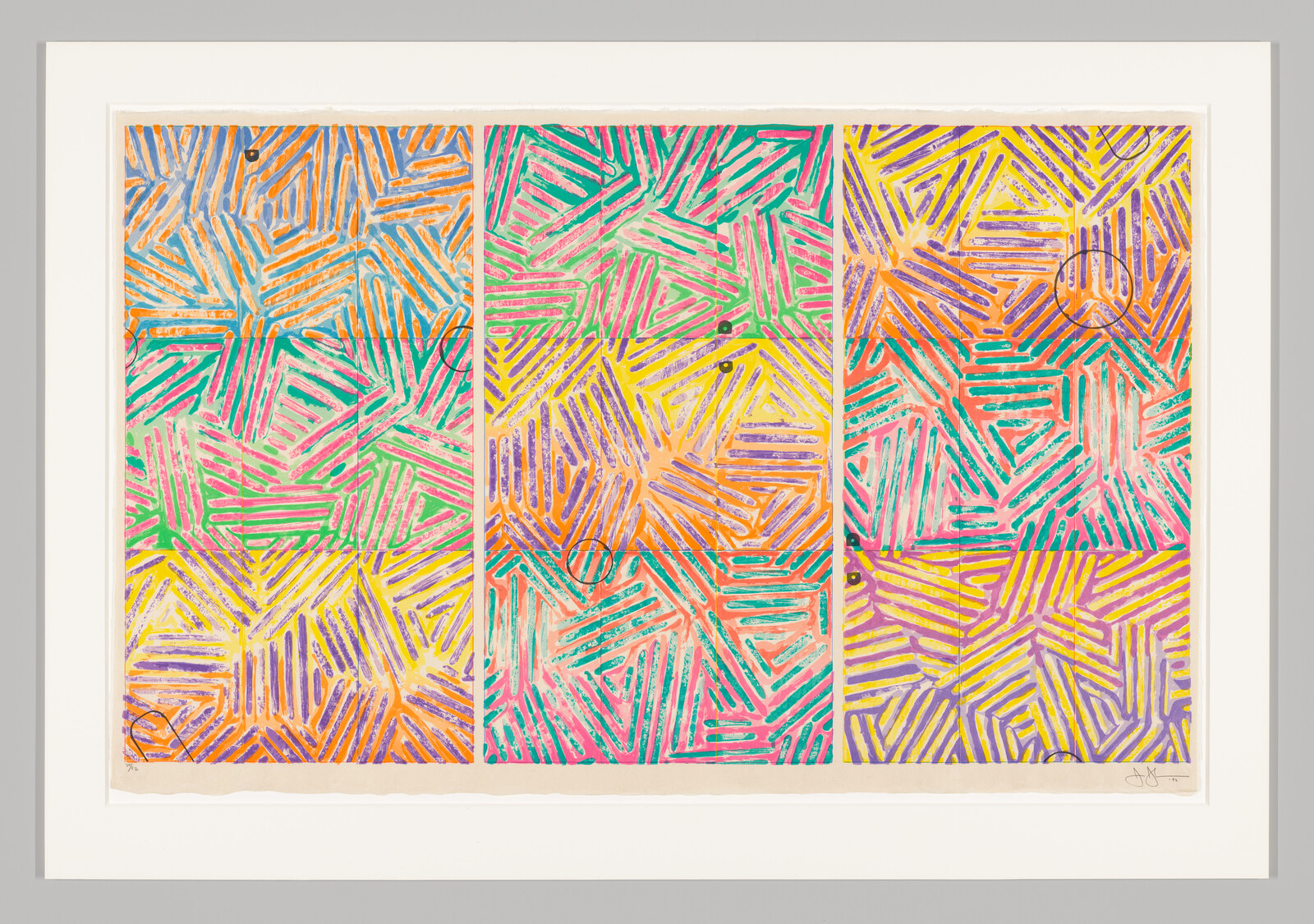 Three panels filled with colorful, overlapping diagonal lines and a few black circles on a white background.