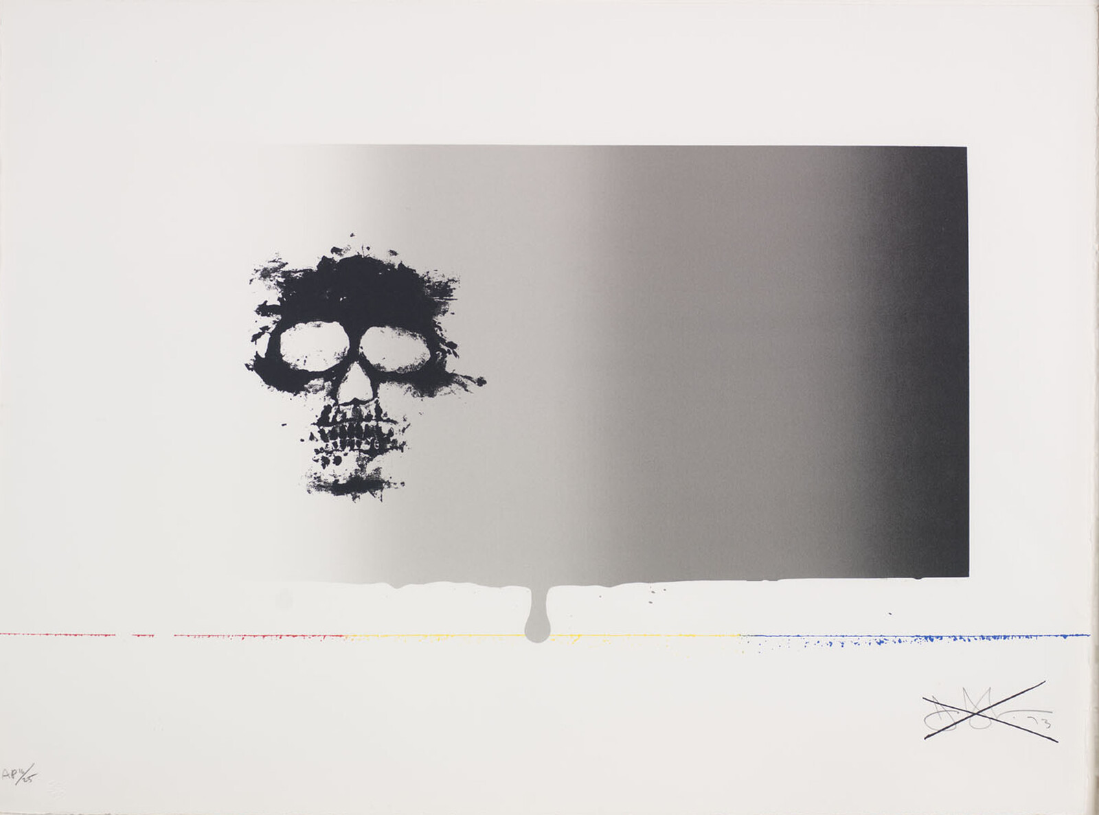 A black print of a skull on a greyscale background.