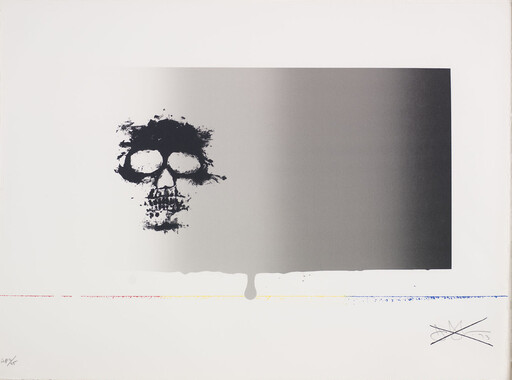 Black ink skull blot appears beside a large gray rectangle with a drip and colored line.