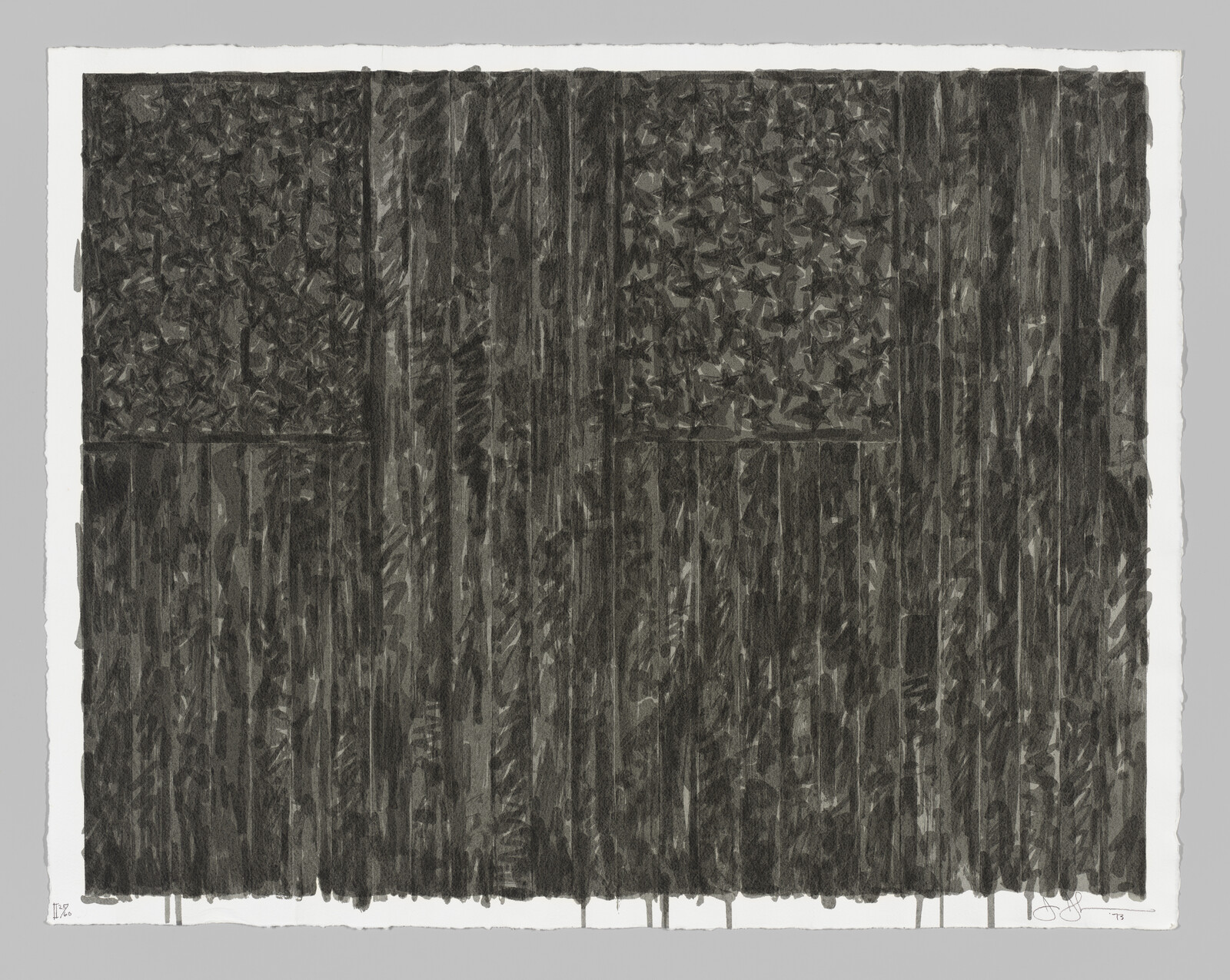 A large monochrome drawing of the American flag with dark textured stars and vertical stripes.