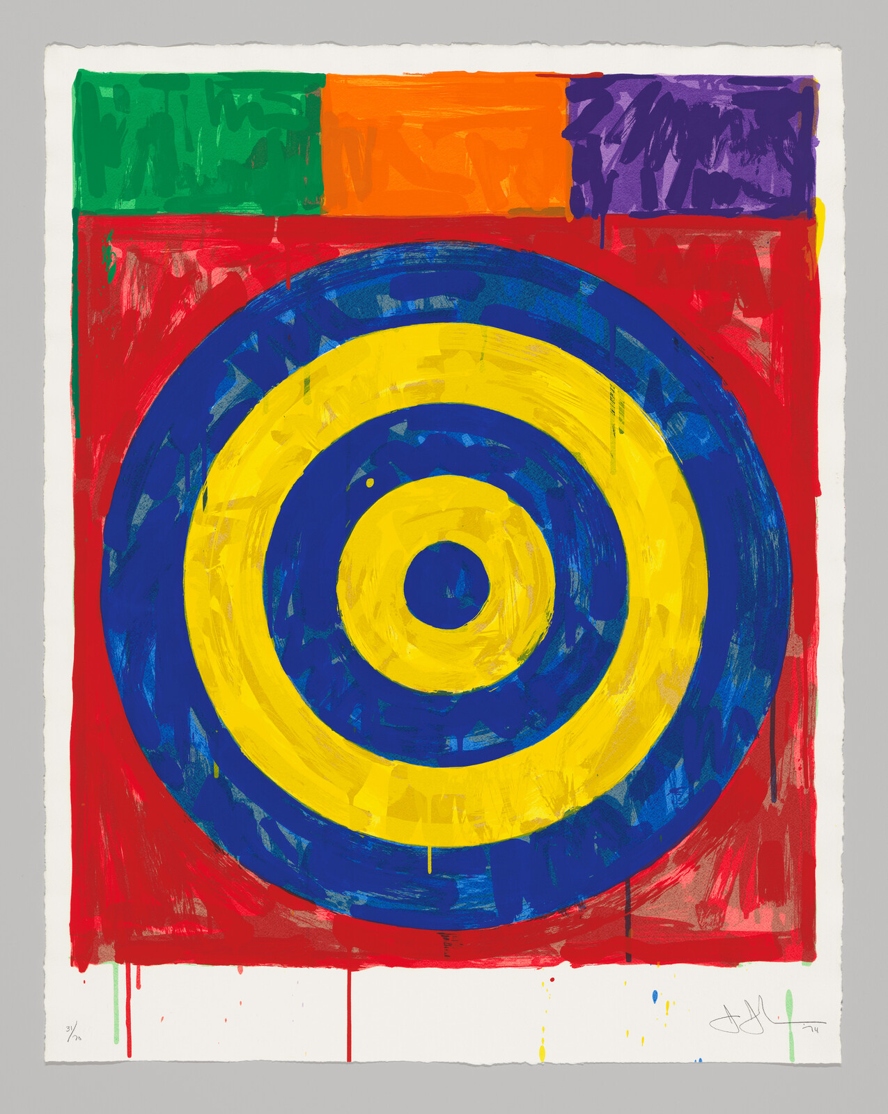Bright abstract painting with a large yellow and blue target shape on a red background, green, orange, and purple blocks on top.
