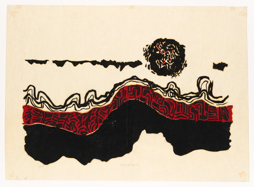 Abstract print showing black and red wavy layers with a textured circular form above.