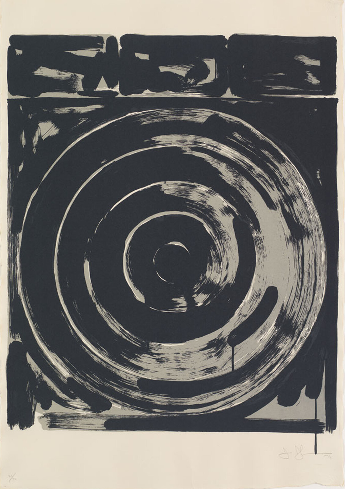 Thick black circular brushstrokes form concentric rings with rough, textured gray background.