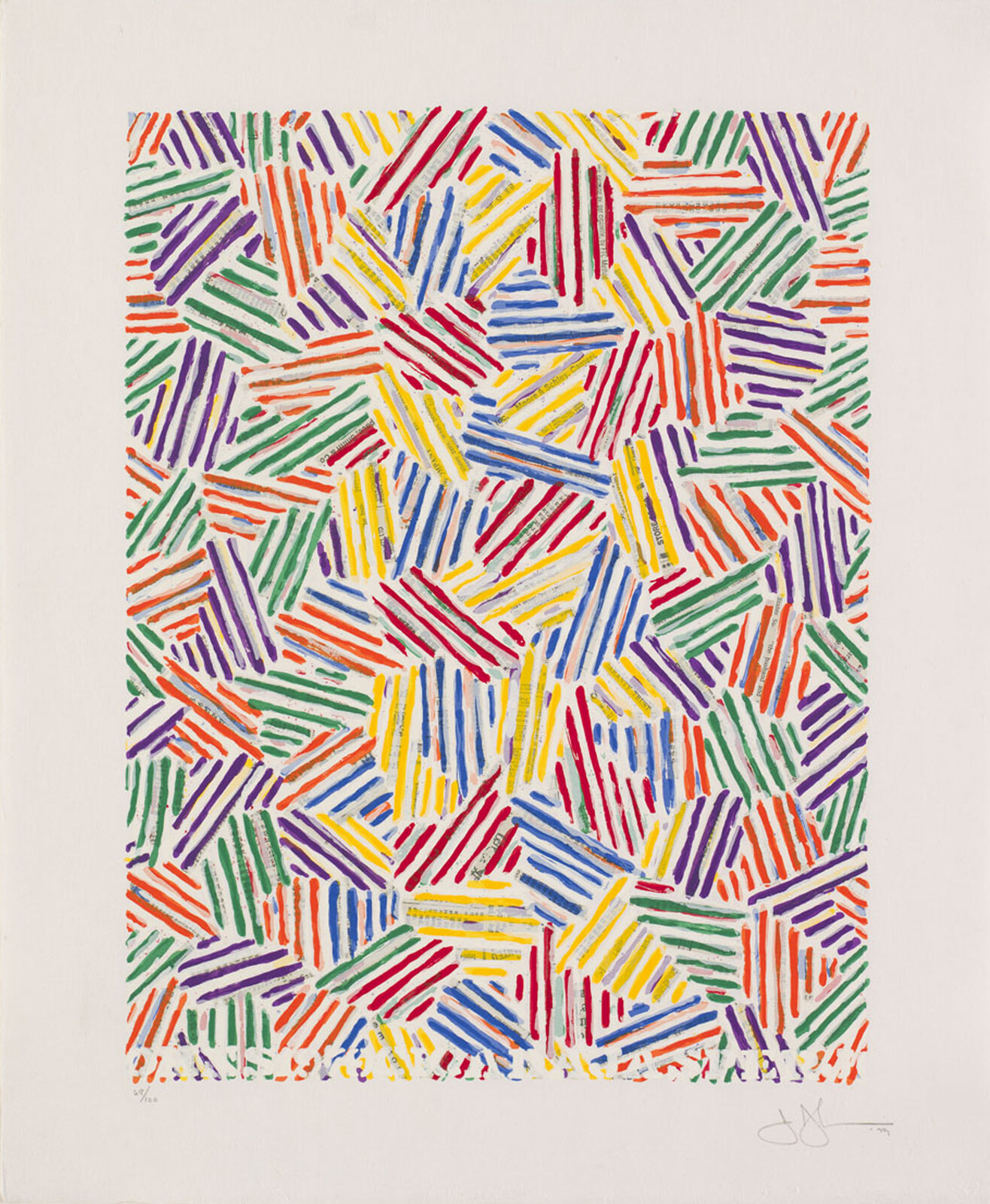 Dense grid of multicolored short diagonal stripes forming overlapping geometric patches on a pale background.