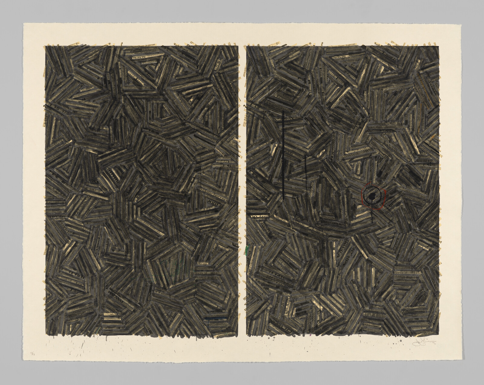 Two dark rectangular panels filled with overlapping black strokes forming geometric clusters and a small red circled mark.