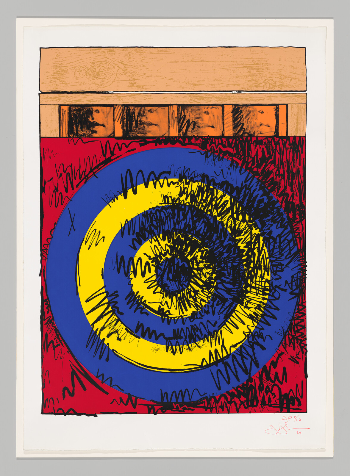 Bright concentric blue and yellow rings with black scribbles over a red background and small faces above.