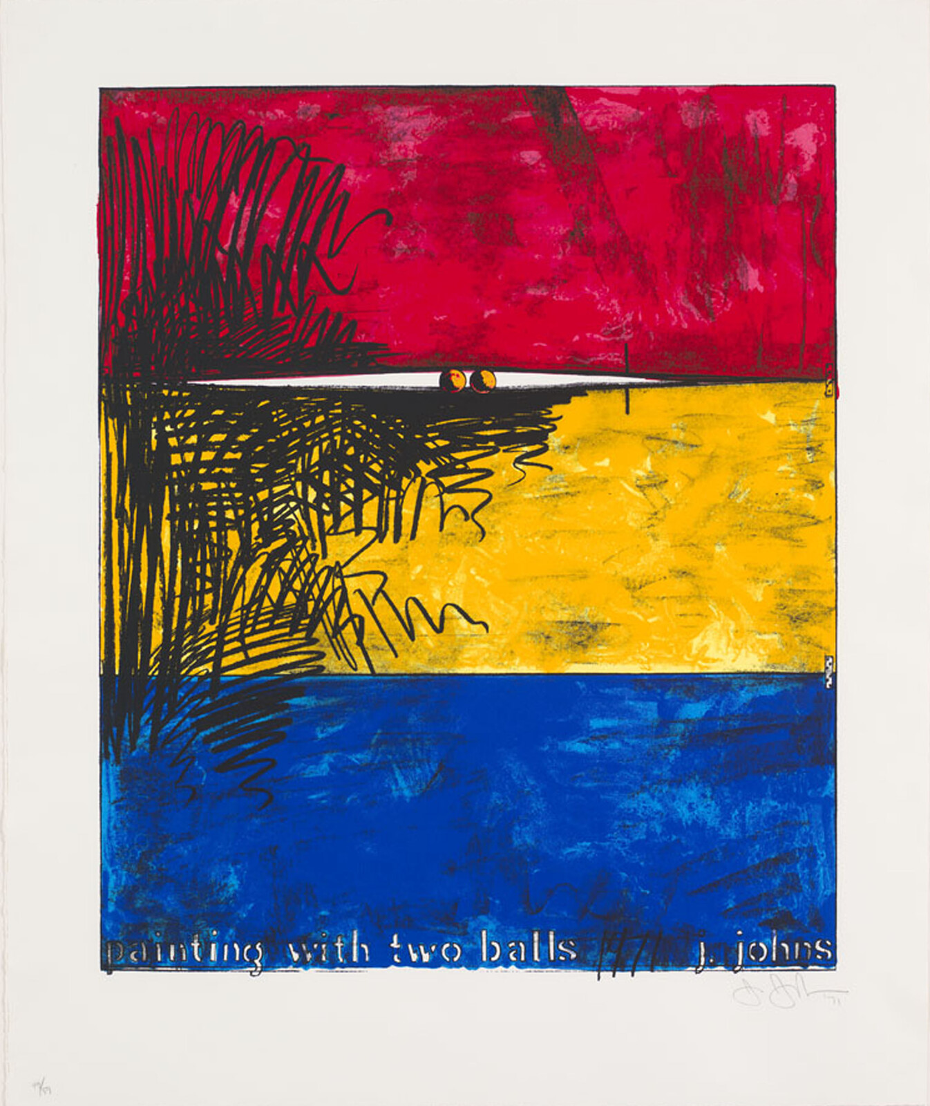 Abstract painting with red, yellow, and blue bands, black scribbles, and two small balls on horizon.
