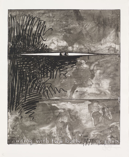 Abstract gray print with a horizontal line and two small balls above mirrored dark scribbles.