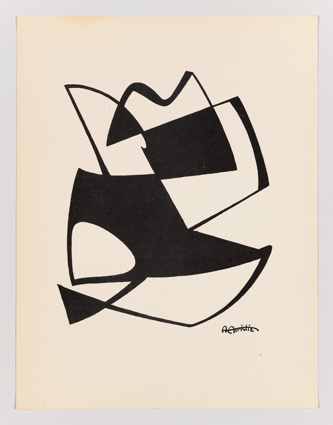 Abstract black geometric shapes and curved lines on a cream background, creating a minimalist composition.