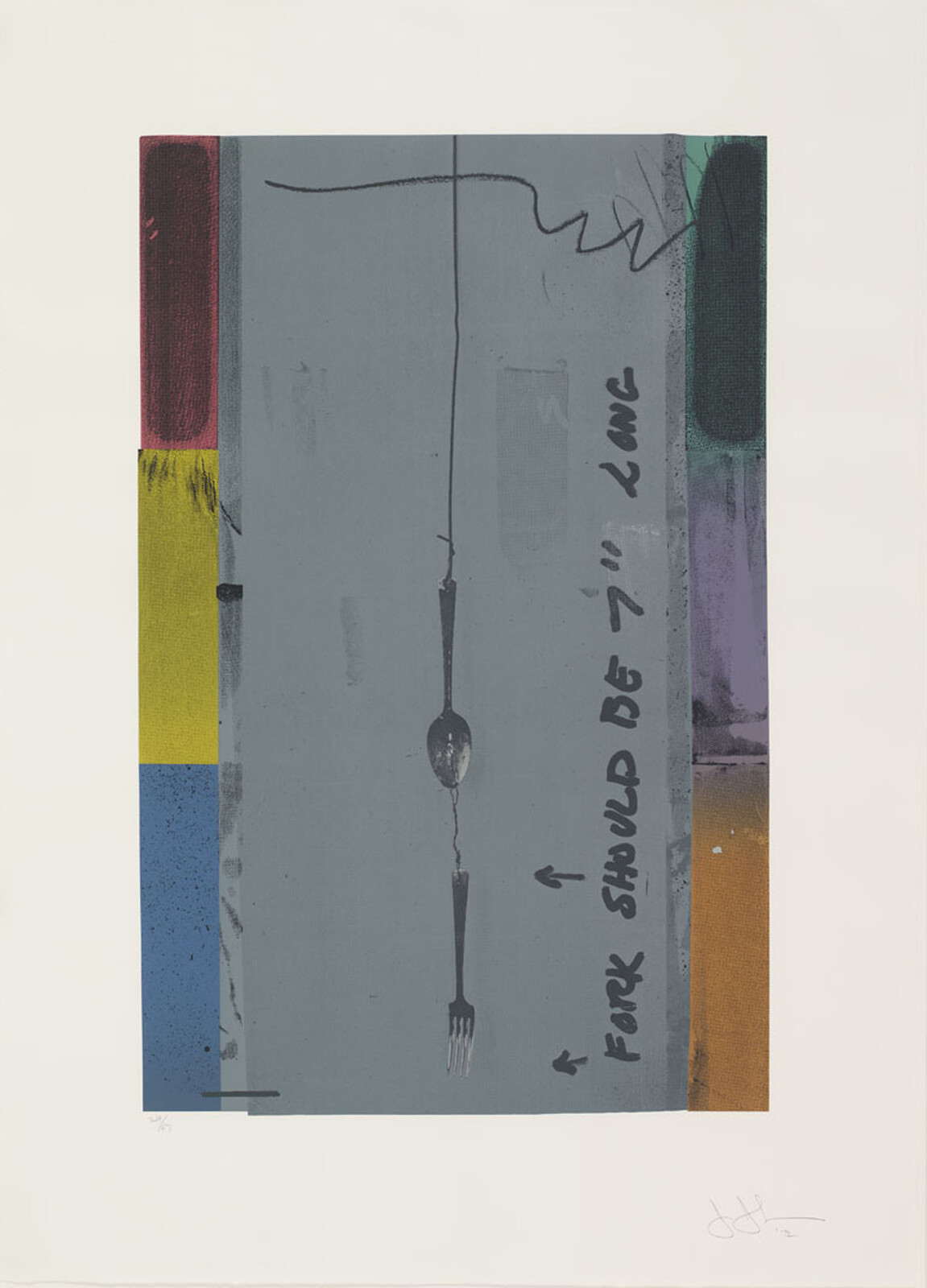 A spoon and fork hang connected by a string in a vertical gray panel with colored borders.