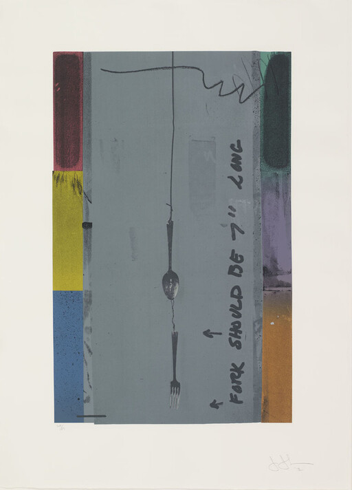 A spoon and fork hang connected by a string in a vertical gray panel with colored borders.