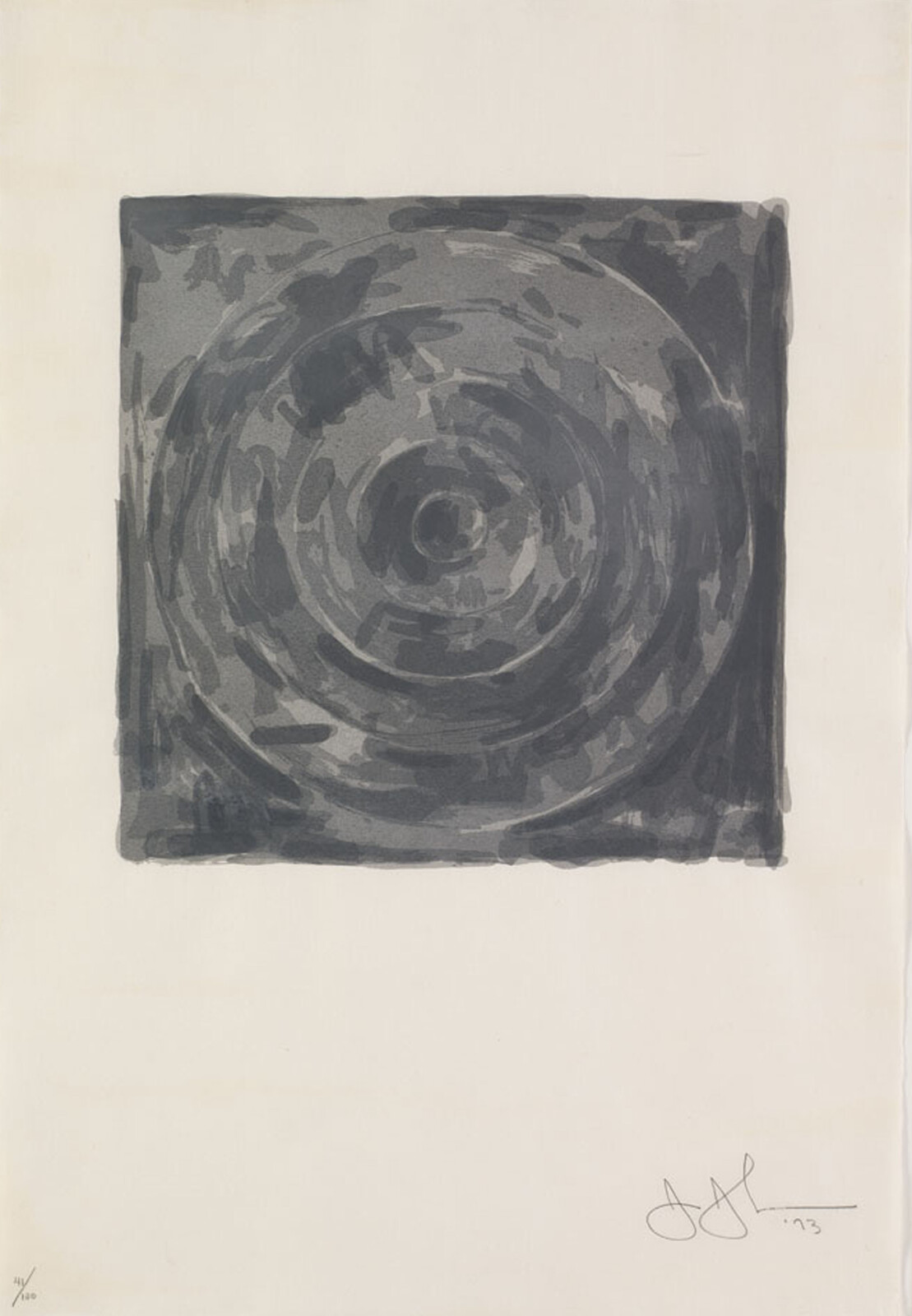 Dark gray square with swirling concentric circles centered on a pale background.