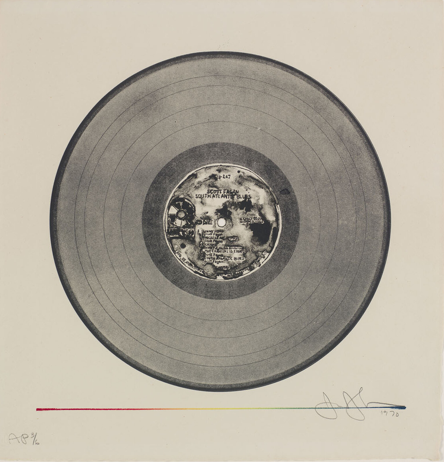 Large black vinyl record with visible grooves centered above a thin rainbow line and signature.