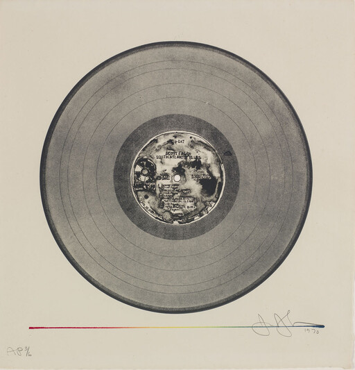 Large black vinyl record with visible grooves centered above a thin rainbow line and signature.