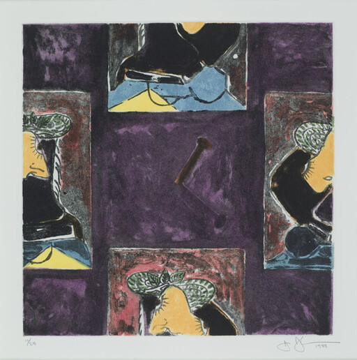 Repeated stylized faces wearing patterned green hats framed by purple panels, with a small nail near center.