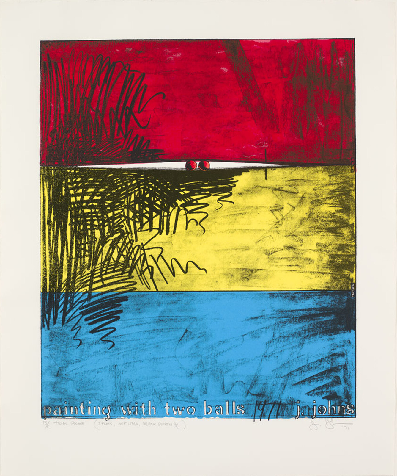 Abstract artwork with red, yellow, and blue sections, featuring two small balls and scribbled lines.