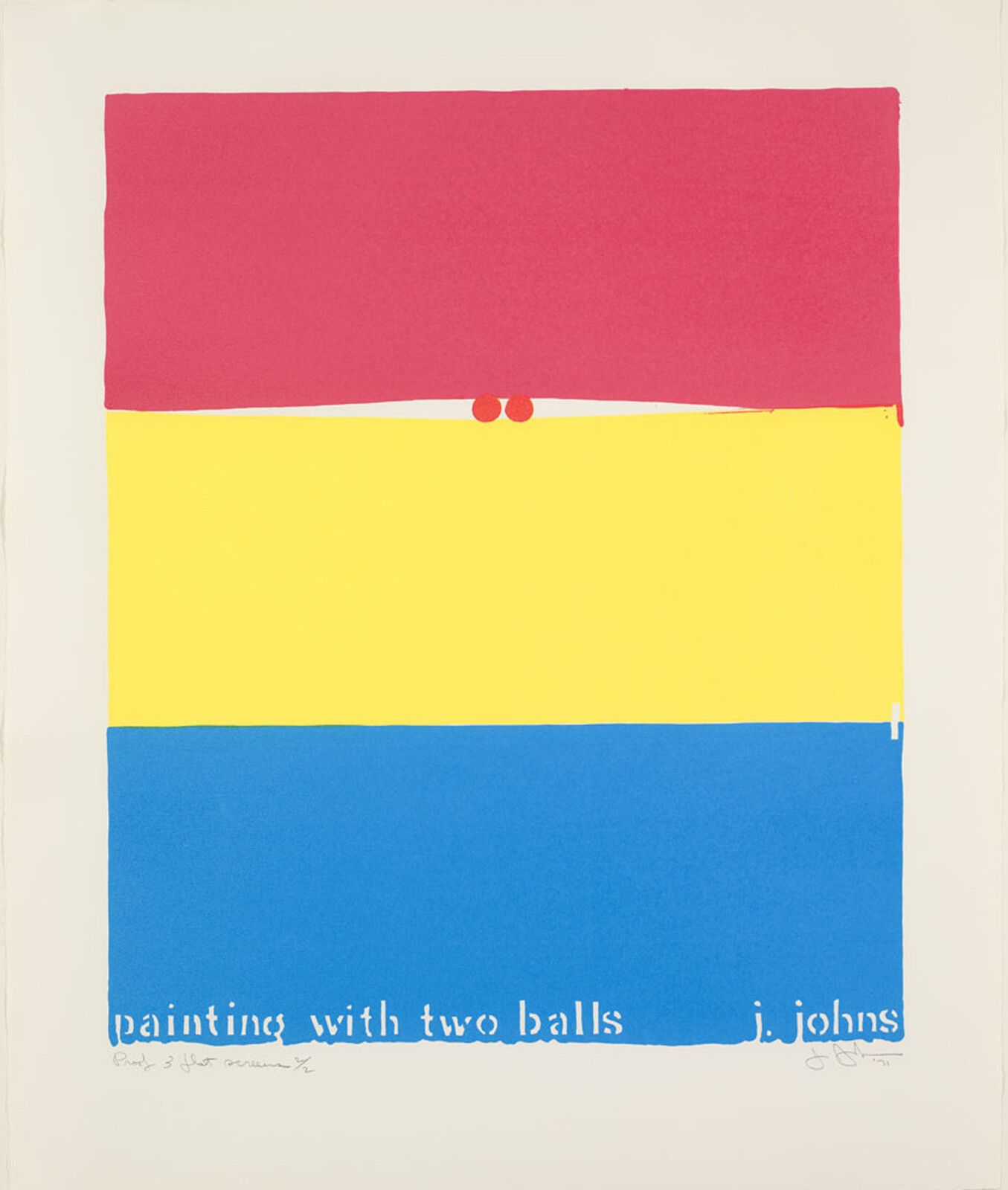 Three colored rectangles with two red balls. Text reads "painting with two balls j. johns."